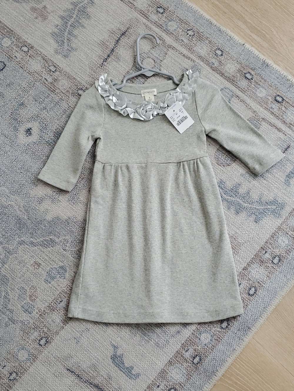 NWT Crewcuts Girls Toddler Silver Gray Ruffle Trim 3/4 Sleeve Dress Sz3